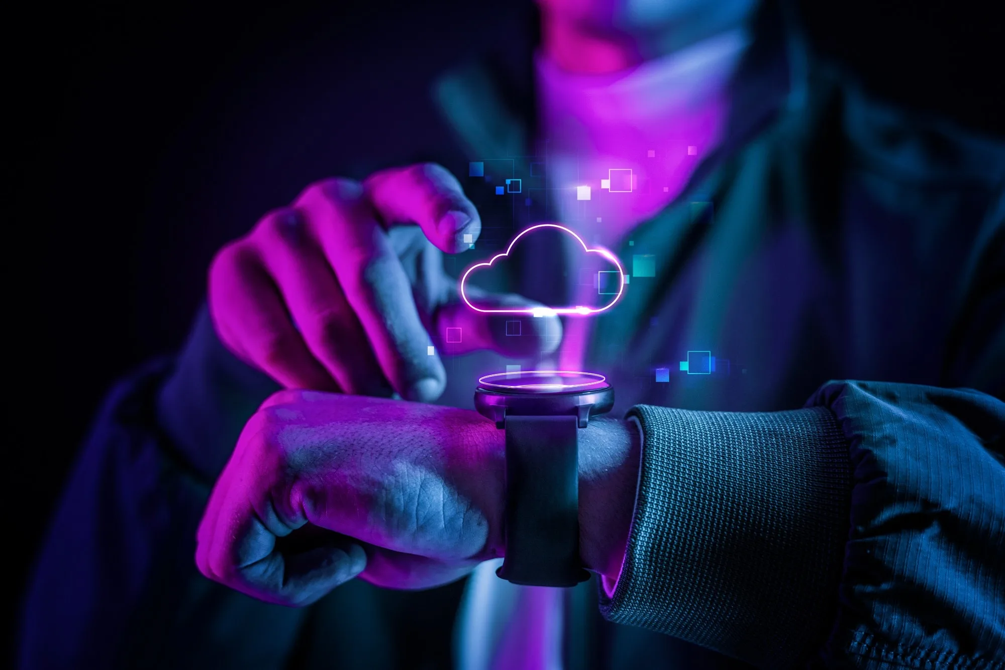 Futuristic cloud technology on a smartwatch